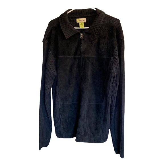 Mens Sz L Black Cubavera Zip Suede Front Ribbed Knit Sweater Jacket Retro EUC - Picture 1 of 9